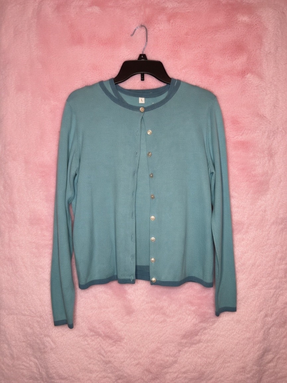 Light Teal Button-Up Cardigan And Tank with Dark Trim